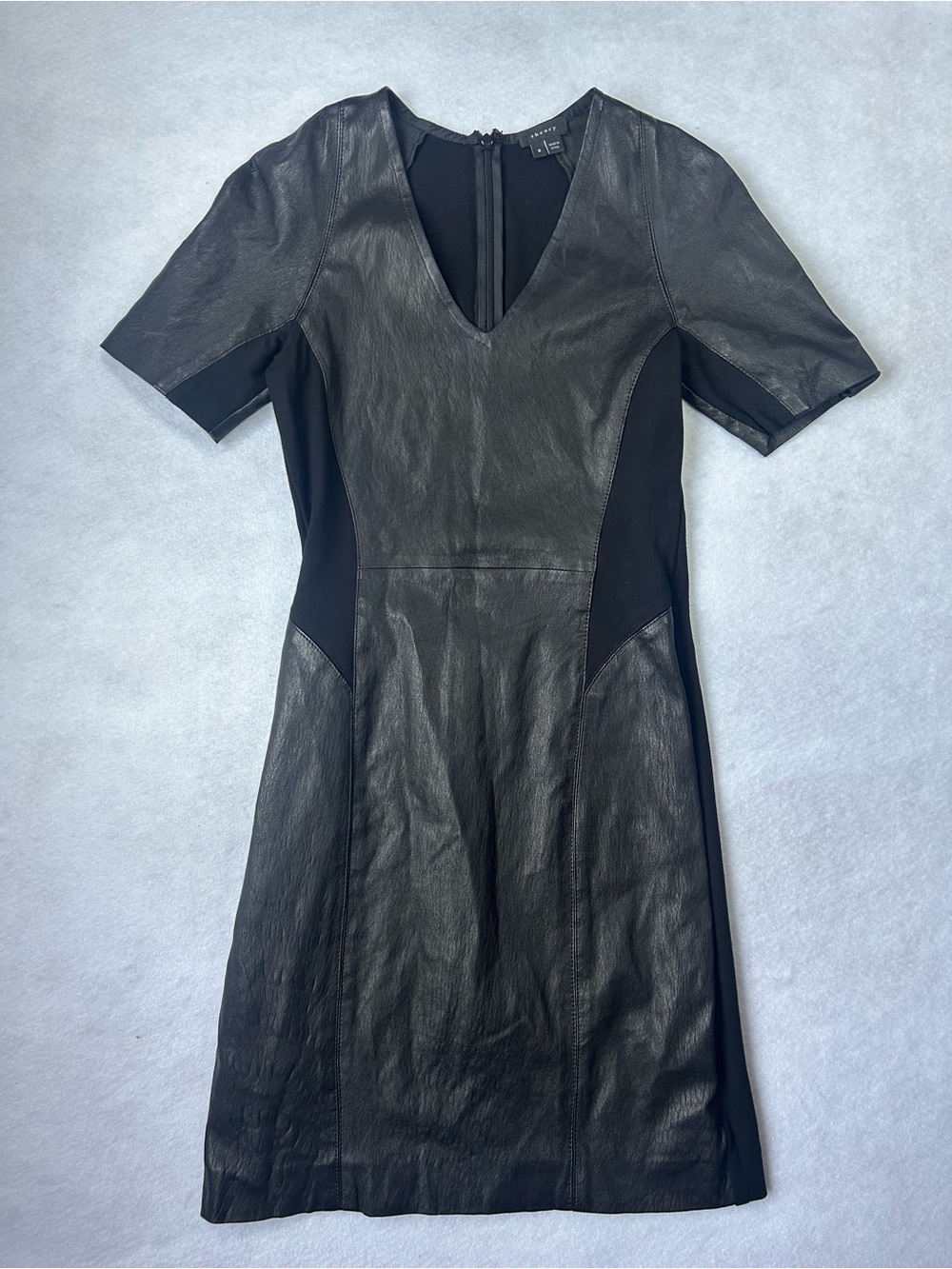 Theory Woman’s Serto Dress in Black Size 6 Short Sleeves Leather Viscose Details
